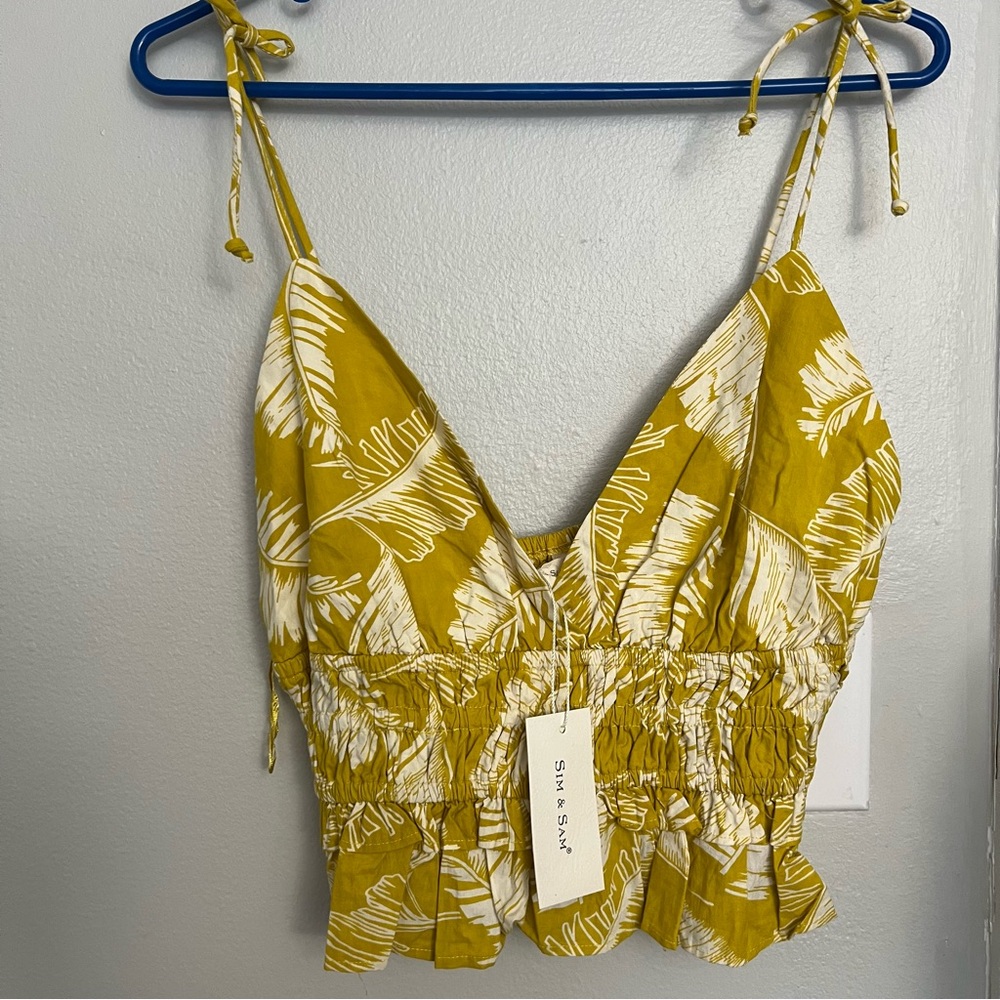 Sim & Sam Women's Large Yellow Tropical Surplice Neck Lined top 100% Cotton